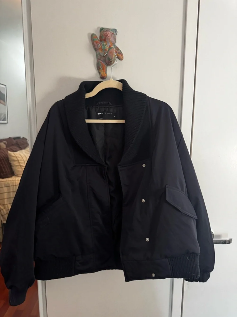 ASOS Design Oversized Navy Bomber Jacket Knit Collar Snap Front Size M - Picture 2 of 5